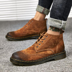 Cowhide Lace Up High-top Men's Boots